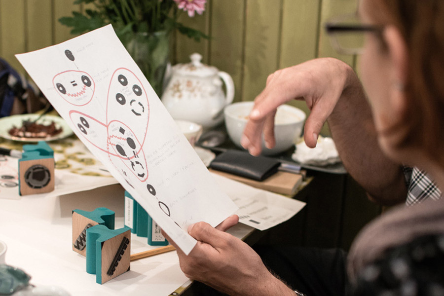 workshop led by Ailie Rutherford creating print block maps in back and white