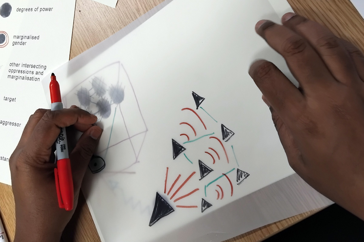 hands using block print and pen to create a coded diagram