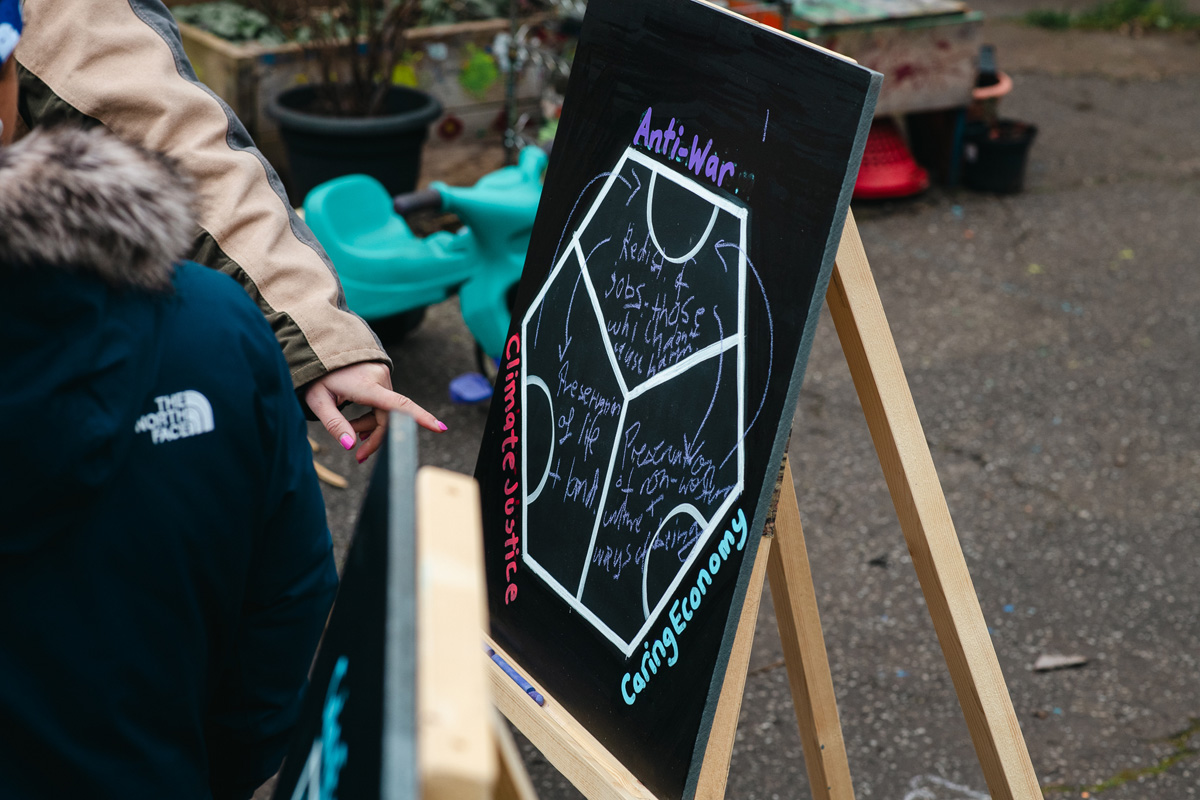 people playing feminist tabletop football with subbuteo-style women and non-binary 3d printed footballers on green felt