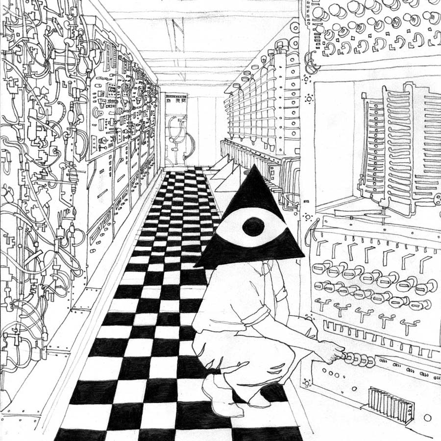 drawing of character operating large computer