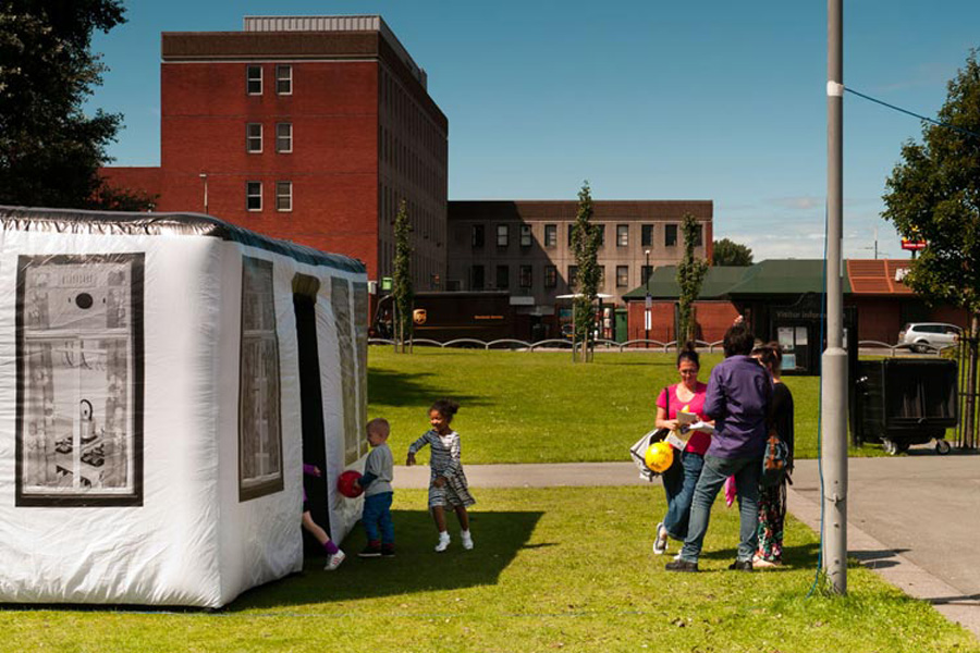 people looking at the inflatable prefab