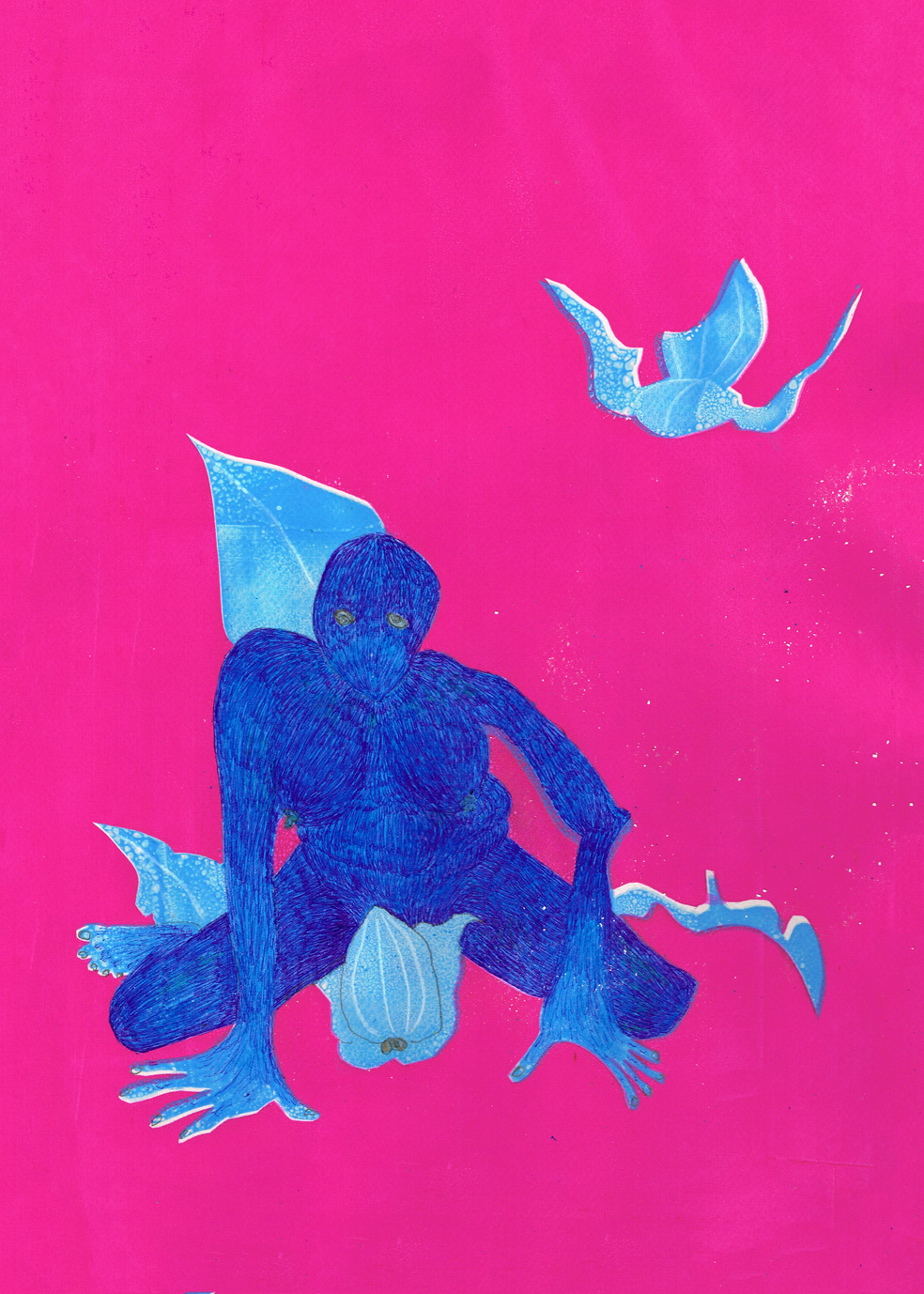 pen and ink drawing of hirsute shapeshifter onto printed bright pink background