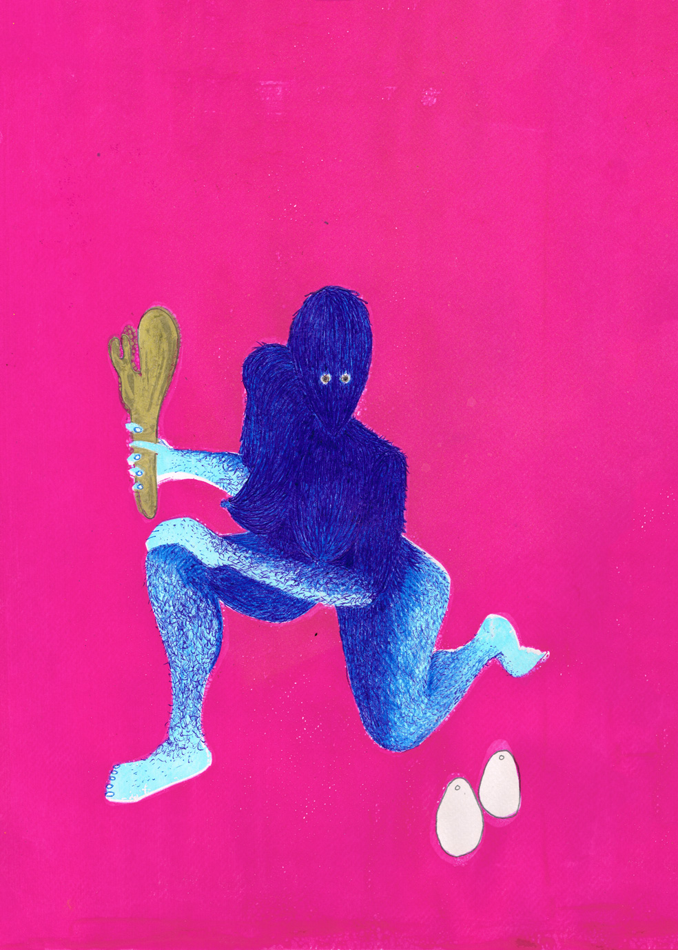 pen and ink drawing of hirsute shapeshifter onto printed bright pink background