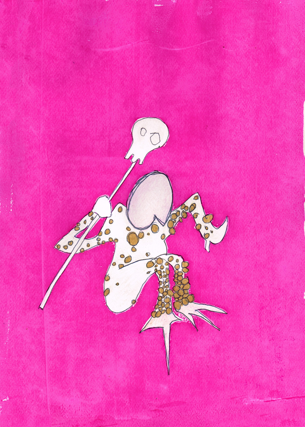 pencil drawing of angry creature with skull on stick and chicken legs onto printed bright pink background