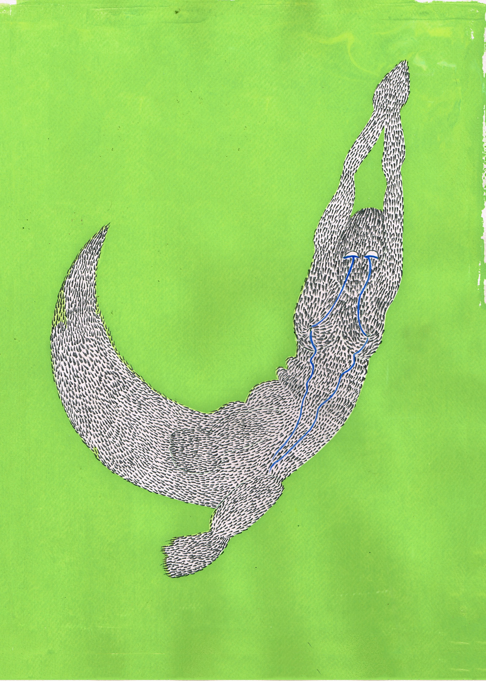pencil drawing of woman shapeshifting into an otter onto printed green background