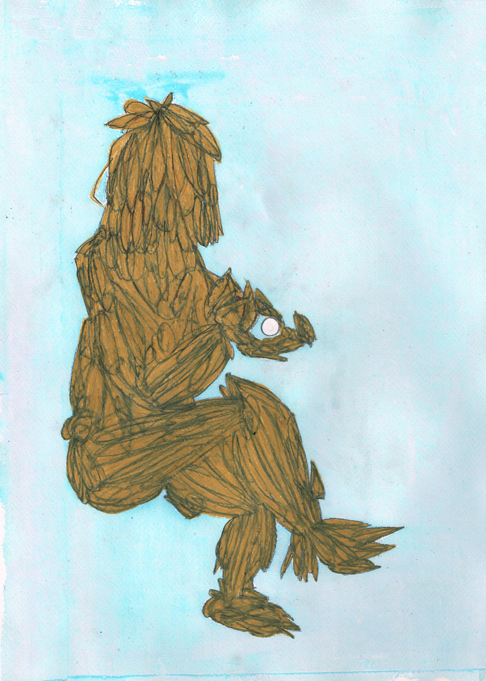 pencil drawing of straw woman holding a small white globe onto printed blue background