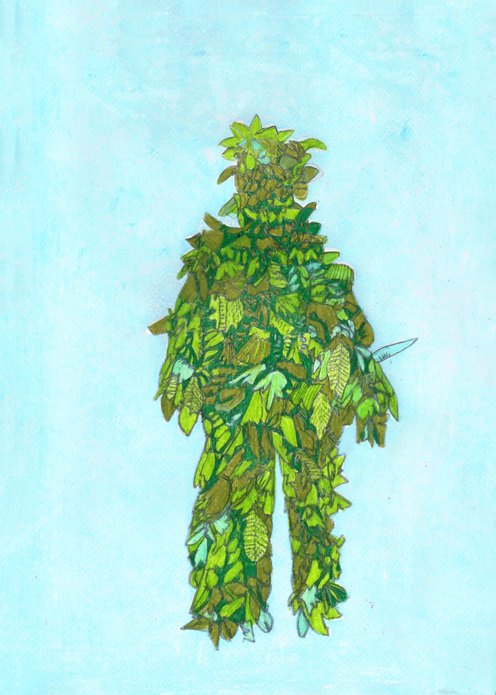 pencil drawing of woman shapeshifting into a tree onto printed blue background