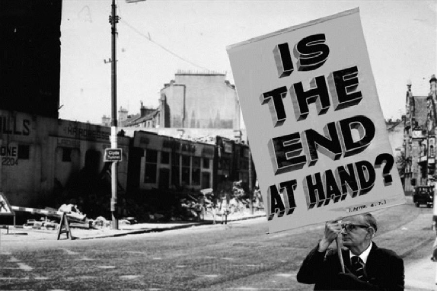 man with is the end at hand sign