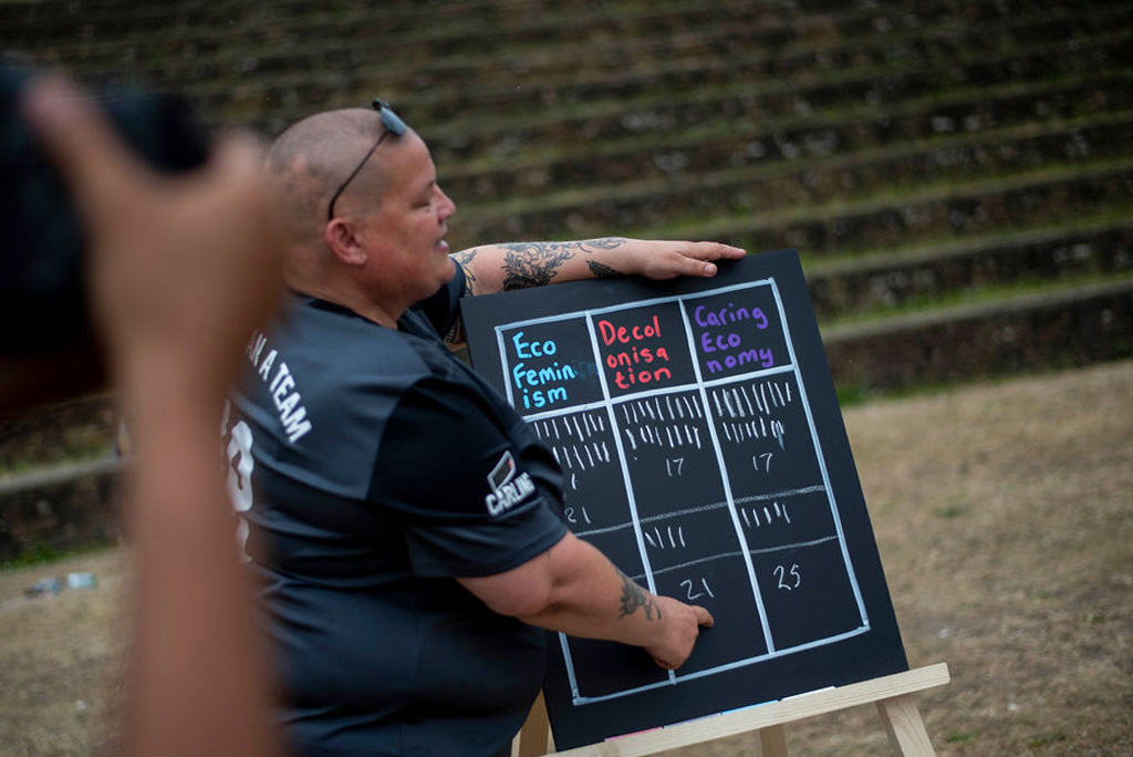 final scores on chalkboard EcoFeminism 21 Decolonisation 21 Caring Economy 25